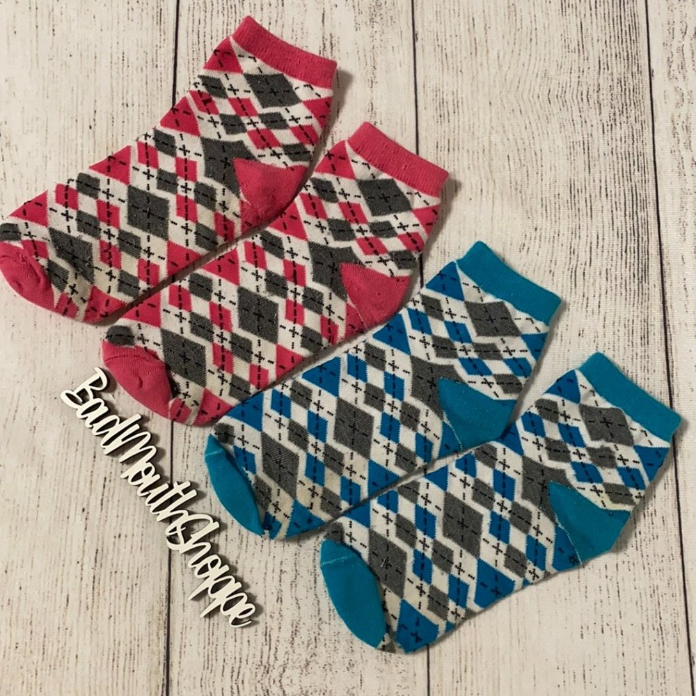 Vintage Ladies Pink Blue Argyle Diamond Print Dress Socks Pair